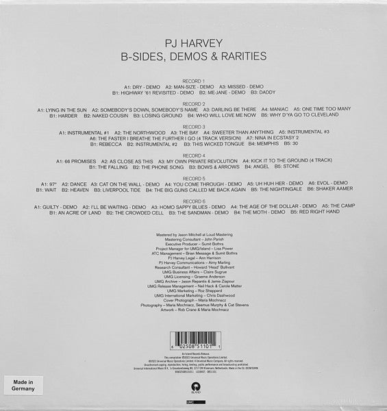Image of Back Cover of 5015269C: 6xLP - PJ HARVEY, B-Sides, Demos & Rarities (Island Records; 0851101, Worldwide 2022, Box Set, 180 Gram Vinyl) No shrink/hype sticker, light shelf wear.  VG+/VG+