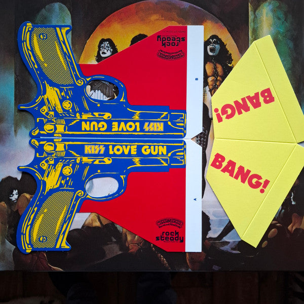 Image of Back Cover of LP - EX/EX - KISS, Love Gun (Casablanca; 06025 377 537-4, Europe 2014 Reissue, With Two Cut Outs, Tangerine/Aqua Splatter Vinyl), Still In Opened Shrinkwrap With Hype Sticker,  - 4425292E