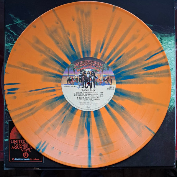 Image of Label Cover of LP - EX/EX - KISS, Love Gun (Casablanca; 06025 377 537-4, Europe 2014 Reissue, With Two Cut Outs, Tangerine/Aqua Splatter Vinyl), Still In Opened Shrinkwrap With Hype Sticker,  - 4425292E