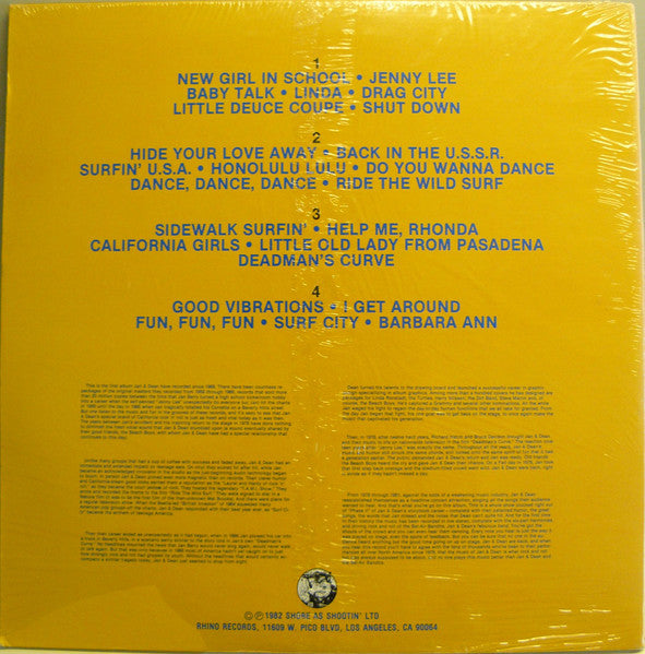 Image of Back Cover of 4415379C: LP - JAN & DEAN & THE BEL-AIR BANDITS, One Summer Night / Live (Rhino Records; RNDA 1498, US 1982, Gatefold, Printed Plastic Inners)   VG/VG+