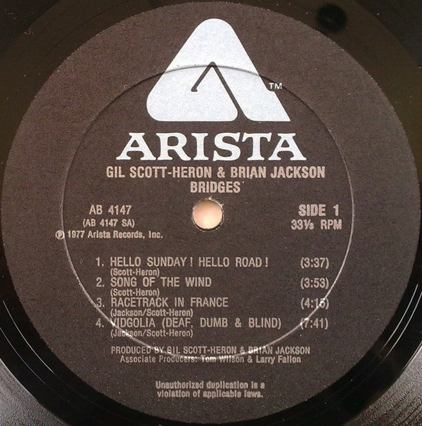 Image of Label Cover of LP - VG/VG+ - GIL SCOTT-HERON & BRIAN JACKSON, Bridges (Arista; AB 4147, US 1977, Inner), A handful of the lightest hairlines only. Sleeve has large crease. Sticker removal small tear on rear. ,  - 2226293E