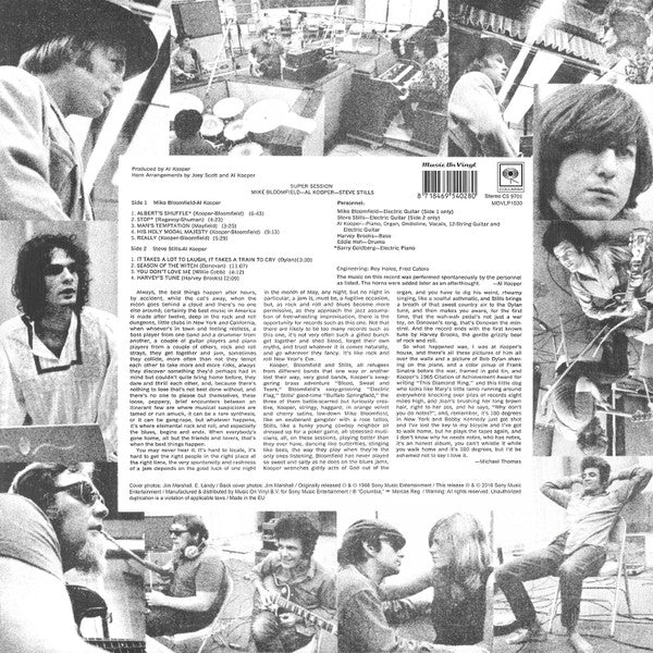 Image of Back Cover of 4445289S: LP - MIKE BLOOMFIELD / AL KOOPER / STEVE STILLS, Super Session (Music On Vinyl; MOVLP 1530, Europe 2016 Reissue) Light edge wear. A few unfeelable marks on disc.  VG/VG+