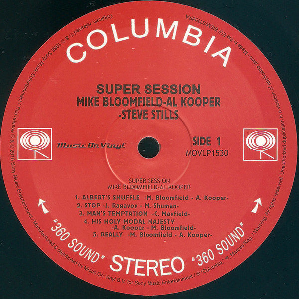 Image of Label Cover of 4445289S: LP - MIKE BLOOMFIELD / AL KOOPER / STEVE STILLS, Super Session (Music On Vinyl; MOVLP 1530, Europe 2016 Reissue) Light edge wear. A few unfeelable marks on disc.  VG/VG+