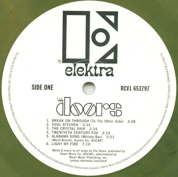 Image of Label Cover of LP - VG/VG+ - THE DOORS, The Doors (Elektra / Vinyl Me, Please; RCV1-653797, US 2021 Reissue, Pasteback Sleeve, Inner & Booklet, Print, Mono, 180 Gram Green/Gold Galaxy Vinyl, with Clear Vinyl 7", with Obi), Top edge seam split,  - 1946071S