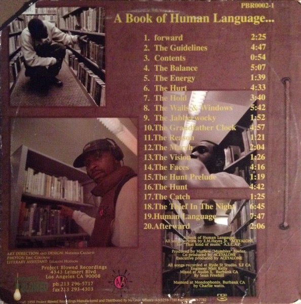 Image of Back Cover of 2xLP - VG/VG - ACEYALONE ACCOMPANIED BY MUMBLES, A Book Of Human Language (Project Blowed; PBR0002-1, US 1998), Ring wear to sleeve. A few light marks to disc.,  - 5015513C