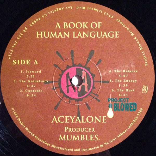 Image of Label Cover of 2xLP - VG/VG - ACEYALONE ACCOMPANIED BY MUMBLES, A Book Of Human Language (Project Blowed; PBR0002-1, US 1998), Ring wear to sleeve. A few light marks to disc.,  - 5015513C
