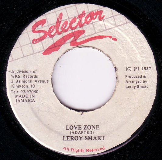 Image of Front Cover of 4415547C: 7" - LEROY SMART, Love Zone (Selector; none, Jamaica 1987, Plain Sleeve) Light Marks only.  /G+