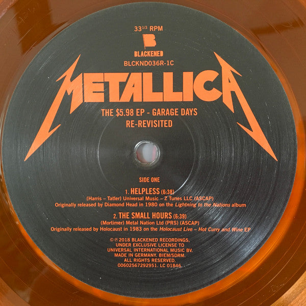 Image of Label Cover of 12" EP - VG+/VG+ - METALLICA, The $5.98 E.P. - Garage Days Re-Revisited (Blackened; BLCKND036R-1C, Europe 2018, Orange Translucent, 180g, Limited Edition), ,  - 3626479E