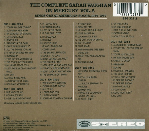 Image of Back Cover of 5xCD - VG/VG+ - SARAH VAUGHAN, The Complete Sarah Vaughan On Mercury Vol. 2 - Sings Great American Songs; 1956-1957 (Mercury; 826 327-2, US 1986, Slipcase, Booklet), Drillhole through barcode.,  - 4415541C