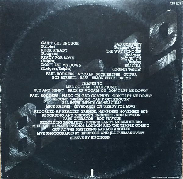 Image of Back Cover of LP - VG/VG - BAD CO, Bad Company (Island Records; ILPS 9279, UK Reissue, Gatefold, Company Inner), Hairlines. Edge and ring wear.,  - 4445356S