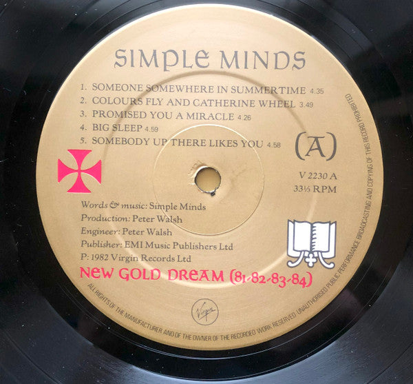 Image of Label Cover of LP - VG/VG - SIMPLE MINDS, New Gold Dream (81-82-83-84) (Virgin; V 2230, UK 1982, Gold Inner, First Press. CBS Pressing, Band Name On Both Labels), ,  - 3626284E