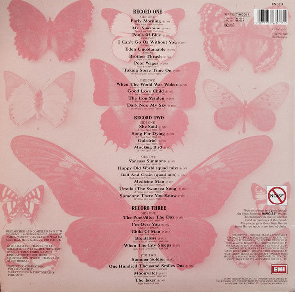 Image of Back Cover of 4545048S: 3xLP - BARCLAY JAMES HARVEST, The Harvest Years (Harvest; 152Y 79 6302 1, UK & Europe 1991) Strong VG+ despite small feelable on run in/slightly into track 1 of disc 3 side 1. Strong G+ sleeve. Sticker residue/damage on front of sleeve, large sticker damage on back of sleeve, edge wear and creasing.  G+/VG+
