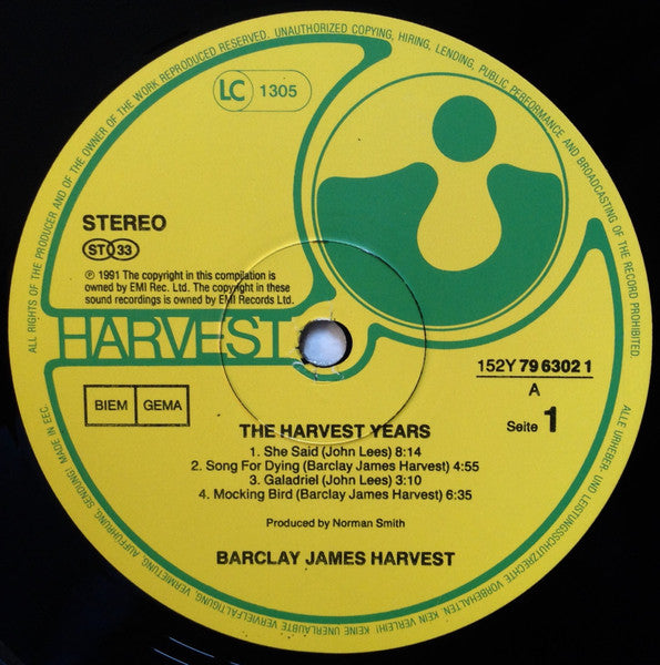 Image of Label Cover of 4545048S: 3xLP - BARCLAY JAMES HARVEST, The Harvest Years (Harvest; 152Y 79 6302 1, UK & Europe 1991) Strong VG+ despite small feelable on run in/slightly into track 1 of disc 3 side 1. Strong G+ sleeve. Sticker residue/damage on front of sleeve, large sticker damage on back of sleeve, edge wear and creasing.  G+/VG+