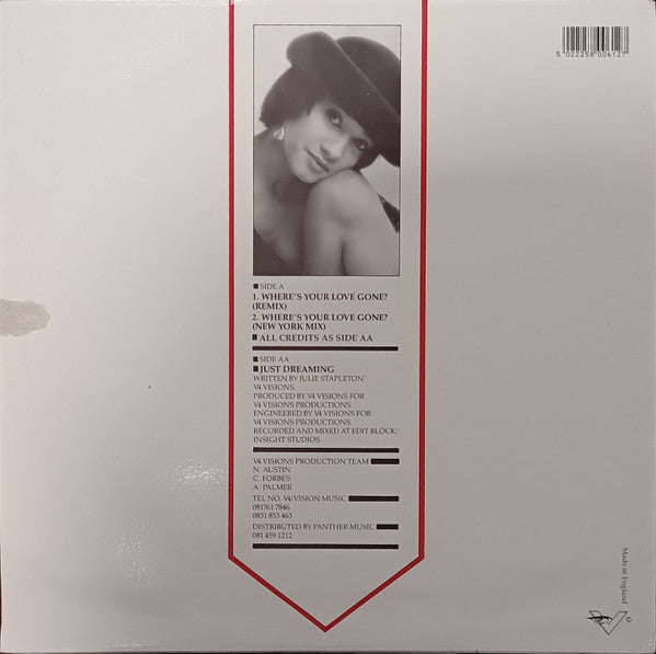 Image of Back Cover of 4515044C: 12" - JULIE STAPLETON, Where's Your Love Gone? / Just Dreaming (V4 Visions; VIS 0612T, UK 1991, Picture Sleeve)   VG/G+