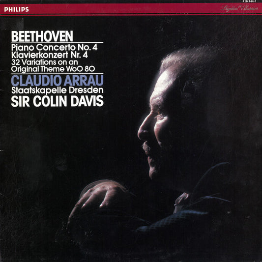 Image of Front Cover of 4525063E: LP - CLAUDIO ARRAU, SIR COLIN DAVIS, STAATSKAPELLE DRESDEN, Beethoven: Piano Concerto No. 4 / 34 Variations On An Original Theme WoO 80 (Philips Digital Classics; 416 144-1, Netherlands 1986)   VG+/VG+