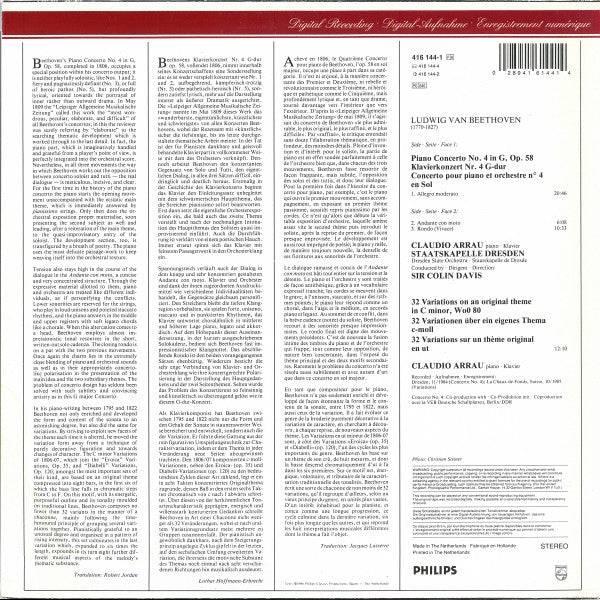 Image of Back Cover of 4525063E: LP - CLAUDIO ARRAU, SIR COLIN DAVIS, STAATSKAPELLE DRESDEN, Beethoven: Piano Concerto No. 4 / 34 Variations On An Original Theme WoO 80 (Philips Digital Classics; 416 144-1, Netherlands 1986)   VG+/VG+