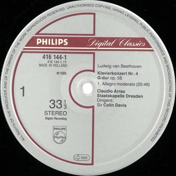Image of Label Cover of 4525063E: LP - CLAUDIO ARRAU, SIR COLIN DAVIS, STAATSKAPELLE DRESDEN, Beethoven: Piano Concerto No. 4 / 34 Variations On An Original Theme WoO 80 (Philips Digital Classics; 416 144-1, Netherlands 1986)   VG+/VG+