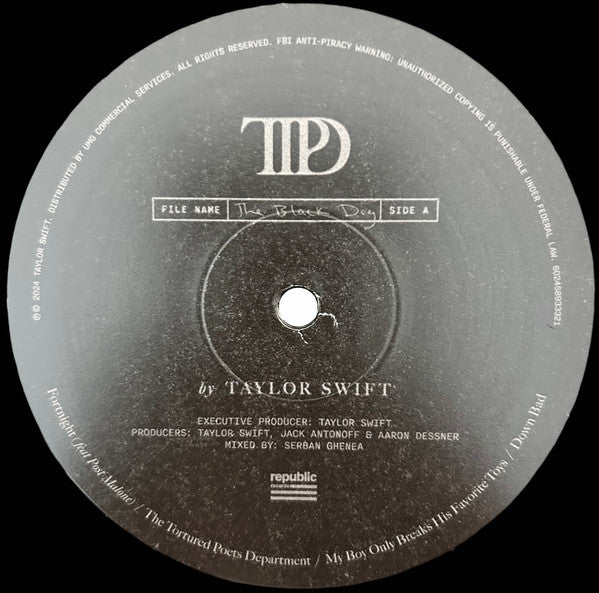 Image of Label Cover of 2xLP - VG+/VG+ - TAYLOR SWIFT, The Tortured Poets Department (Republic Records; 602458933321, Europe 2024, Gatefold, 2 Inners & Booket, Dark Brown [Ink Black] Vinyl, with bonus track "The Black Dog"), ,  - 2326335E