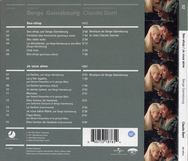 Image of Back Cover of CD - VG+/VG+ - SERGE GAINSBOURG / JEAN-CLAUDE VANNIER, Sex-Shop / Je Vous Aime (Emarcy; 531 876-5, France 2009, Digipak, Booklet), ,  - 4535058E