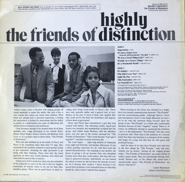 Image of Back Cover of 4525035E: LP - THE FRIENDS OF DISTINCTION, Highly Distinct (RCA Victor Orange; LSP-4212, Germany 1969)   VG/VG
