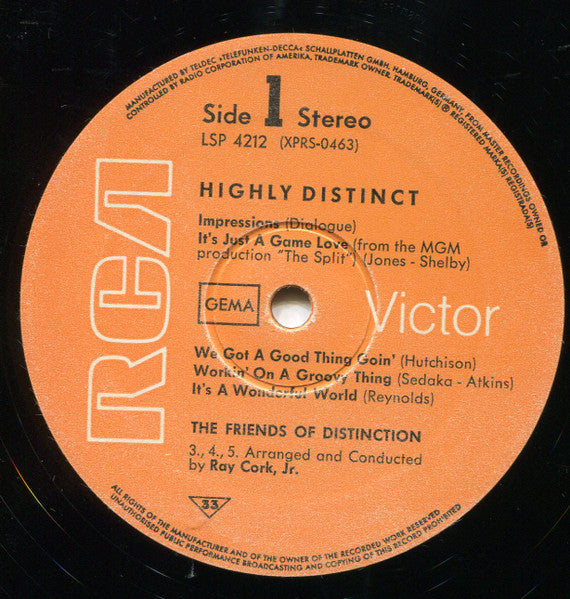 Image of Label Cover of 4525035E: LP - THE FRIENDS OF DISTINCTION, Highly Distinct (RCA Victor Orange; LSP-4212, Germany 1969)   VG/VG
