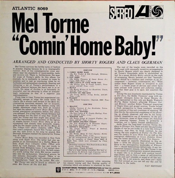 Image of Back Cover of LP - VG/VG - MEL TORME, Comin' Home Baby! (Atlantic; P-6019A, Japan 1971 Reissue, Insert, No OBI), ,  - 2326062E