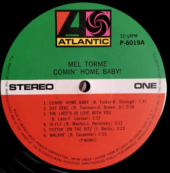 Image of Label Cover of LP - VG/VG - MEL TORME, Comin' Home Baby! (Atlantic; P-6019A, Japan 1971 Reissue, Insert, No OBI), ,  - 2326062E