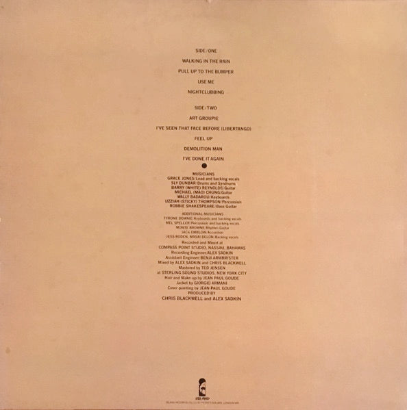 Image of Back Cover of LP - VG/VG - GRACE JONES, Nightclubbing (Island Gold Custom Label; ILPS 9624, UK 1981, No Inner), ,  - 3626048E