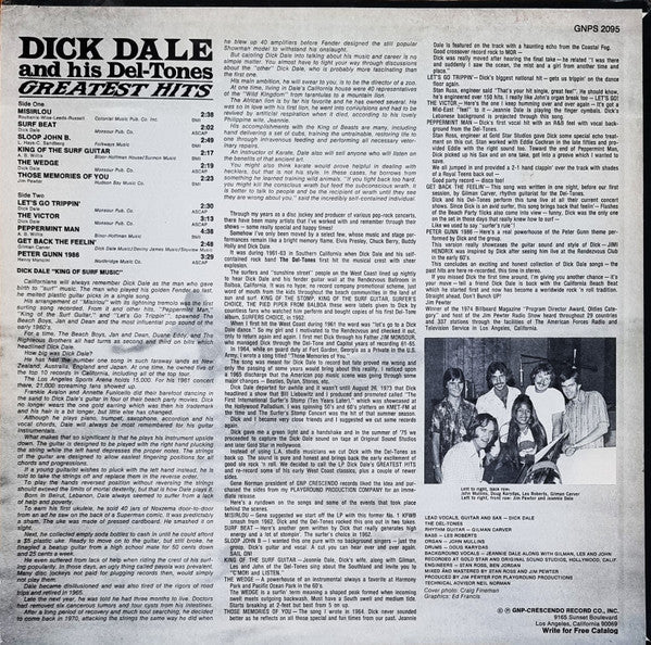 Image of Back Cover of 4515059C: LP - DICK DALE AND HIS DEL-TONES, Greatest Hits (GNP Crescendo; GNPS-2095, US 1975, Company Inner) Clean copy still in opened shrinkwrap  VG+/VG+