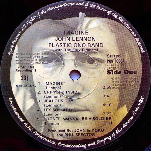 Image of Label Cover of 4515154C: LP - JOHN LENNON, Imagine (Apple Records; 7243 8 21580 1 1, Europe 1997 Reissue, Stickered Sleeve, Inner, NO Poster , NO Postcard) One light cosmetic mark on B3, does not effect play.  VG+/VG