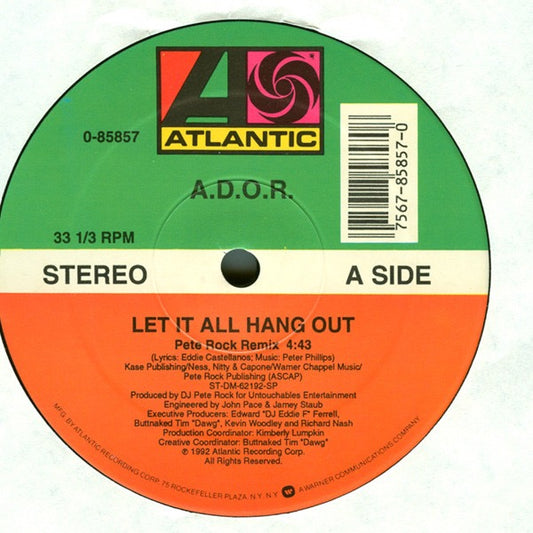 Image of Front Cover of 4515184C: 12" - A.D.O.R., Let It All Hang Out (Atlantic ; 0-85857, US 1992, Plain Sleeve) Light Marks only.  /G+