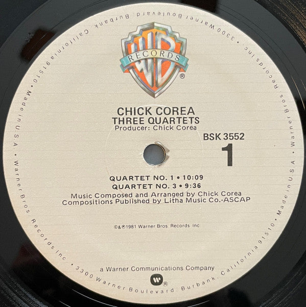 Image of Label Cover of 4545215S: LP - CHICK COREA, Three Quartets (Warner Bros. Records; BSK 3552, US 1981) Gold Promo stamp on front cover, edge wear  VG/VG+