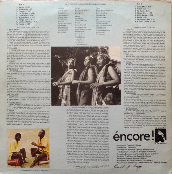 Image of Back Cover of LP - VG+/VG+ - THE JAMAICAN FOLK SINGERS, Ossie Harvey Productions Present....The Jamaican Folk Singers - Vol. 3 ( ncore!; none, Jamaica 1976), ,  - 4545269S