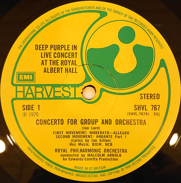 Image of Label Cover of LP - VG/VG - DEEP PURPLE & THE ROYAL PHILHARMONIC ORCHESTRA CONDUCTED BY MALCOLM ARNOLD, Concerto For Group And Orchestra (Harvest; SHVL 767, UK 1970s Reissue, Laminated Gatefold Sleeve, Gramophone Co Ltd, Boxed EMI logo and MADE IN GT. BRITAIN on BOTH labels), Hairlines. Discolouration, laminate creasing, edge wear, spine damage.,  - 2546308S