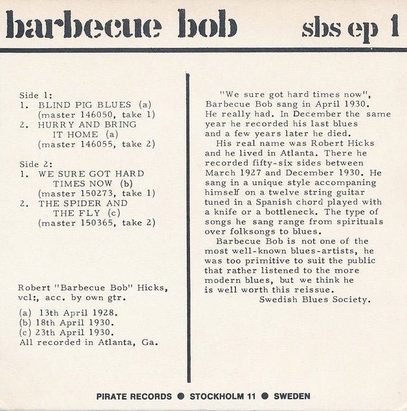 Image of Back Cover of 7" - VG+/VG+ - BARBECUE BOB, The Great Country Blues Singers (Swedish Blues Society; SBS EP 1, Sweden 	, Single Sheet Sleeve), ,  - 4515261C