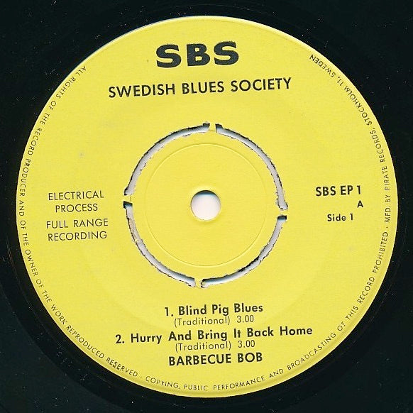 Image of Label Cover of 7" - VG+/VG+ - BARBECUE BOB, The Great Country Blues Singers (Swedish Blues Society; SBS EP 1, Sweden 	, Single Sheet Sleeve), ,  - 4515261C