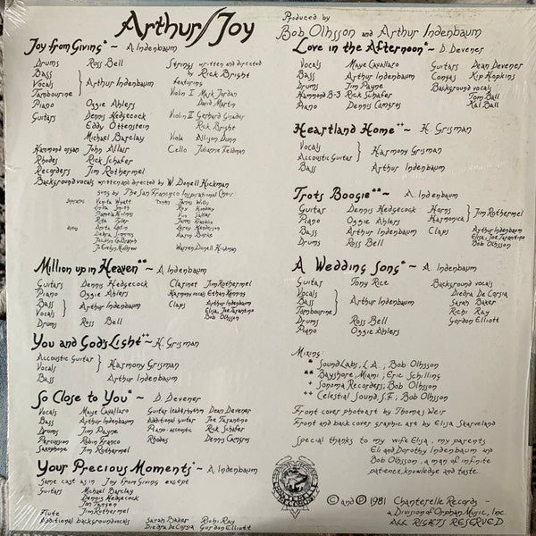 Image of Back Cover of 4545274S: LP - ARTHUR, Joy (Chanterelle Records; 856, US 1981)   EX/EX