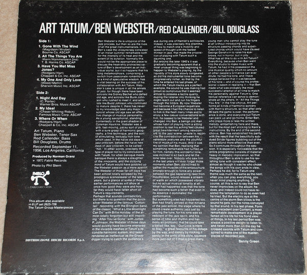 Image of Back Cover of 4515265C: LP - ART TATUM / BEN WEBSTER, The Tatum Group Masterpieces (Pablo Records; PBL 213, Italy 1970s Reissue) Sleeve worn, creased, scuffed  VG/VG