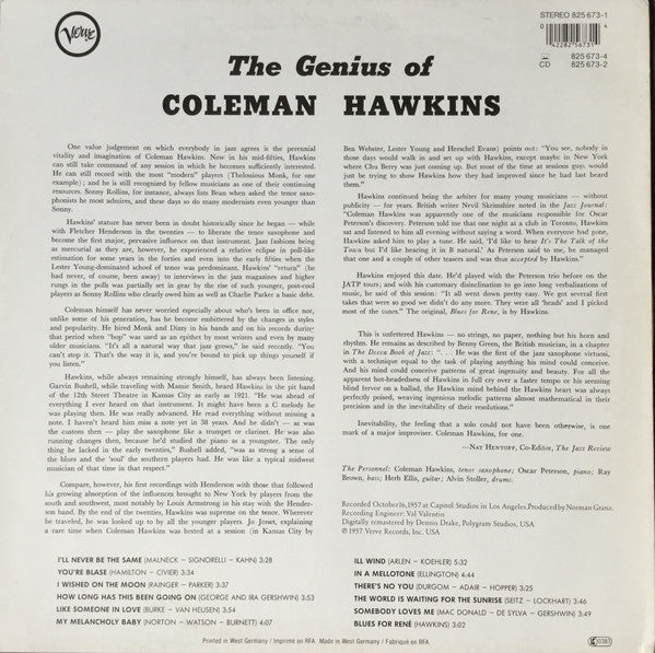 Image of Back Cover of 4515268C: LP - COLEMAN HAWKINS, The Genius Of Coleman Hawkins (Verve Records; 825 673-1, Germany 1986 Reissue)   VG/G+