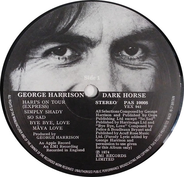 Image of Label Cover of 4515301C: LP - GEORGE HARRISON, Dark Horse (Apple Records; PAS 10008, UK 1975, Gatefold, Inner & Insert, Black & White Labels) Hairlines, Ring wear, Edge wear  VG/VG