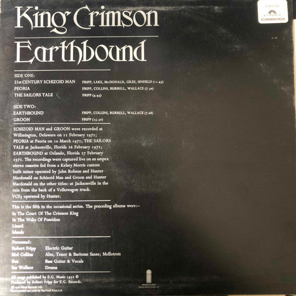 Image of Back Cover of LP - VG/VG - KING CRIMSON, Earthbound (Island Records; HELP 6, UK 1972), Light Marks On Back Sleeve,  - 3046169S