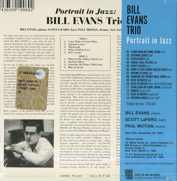 Image of Back Cover of CD - VG+/VG+ - BILL EVANS TRIO*, Portrait In Jazz (State Of Art; 81187, Europe 2017, CD in LP replica card sleeve, Inner, No Obi), ,  - 4515424C
