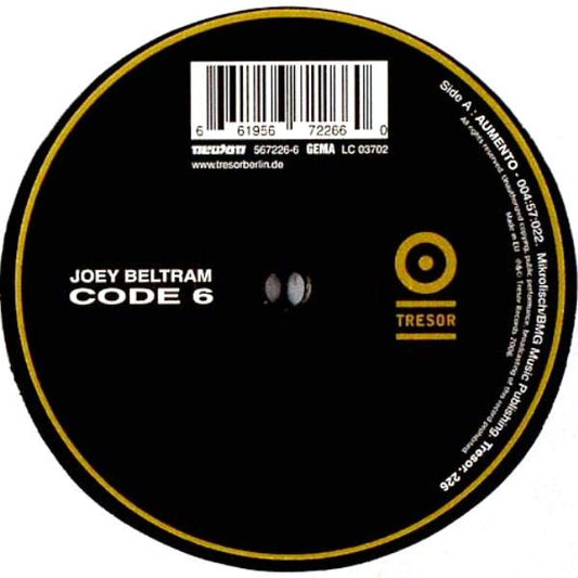 Image of Front Cover of 4525395E: 12" - JOEY BELTRAM, Code 6 (Tresor; Tresor. 226, Germany 2006, Plain Sleeve) Light Marks only.  /G+