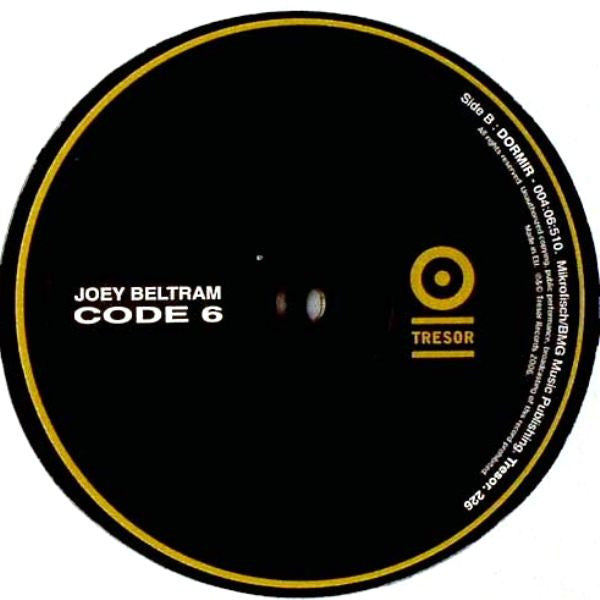 Image of Back Cover of 4525395E: 12" - JOEY BELTRAM, Code 6 (Tresor; Tresor. 226, Germany 2006, Plain Sleeve) Light Marks only.  /G+