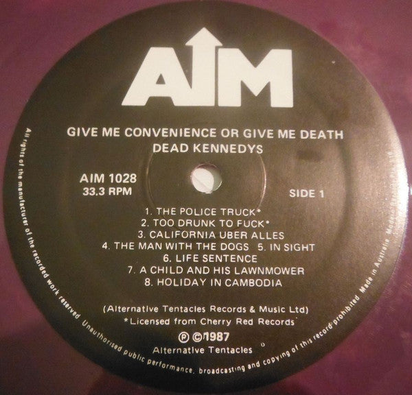 Image of Label Cover of LP - VG+/VG - DEAD KENNEDYS, Give Me Convenience Or Give Me Death (AIM; AIM 1028, Australia 1989 Reissue, Booklet, Stickered Sleeve, Purple Vinyl, NO 7"), Hairlines & scuffs, small tear on "Multicolured Vinyl" sticker, a few stains on front & back cover of booklet,  - 2646228S