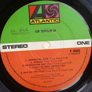 Image of Label Cover of LP - VG/VG - LED ZEPPELIN, Led Zeppelin III (Atlantic Orange & Green; K 50002, UK 1972 Reissue, Laminated Gatefold rotating-wheel sleeve, A-5 / B//6. Transitional pressing; 1st press cat cover, 2nd press cat on label), ,  - 1826262E