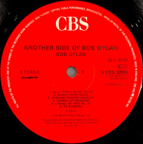 Image of Label Cover of LP - VG/G+ - BOB DYLAN, Another Side Of Bob Dylan (CBS Red Label "Made In England" Rim Text; 32034, UK 1980s Reissue), Light marks and some mottling, Sleeve has some creases and a little worn, Nice price sticker and inner. ,  - 2516101C