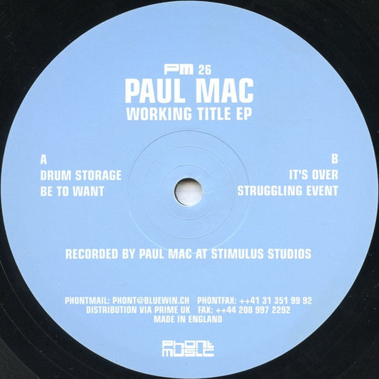 Image of Front Cover of 4625210E: 12" - PAUL MAC, Working Title EP (Phont Music; PM26, Switzerland 2002) Lots of hairlines, crackles and pops but no skips  /G+