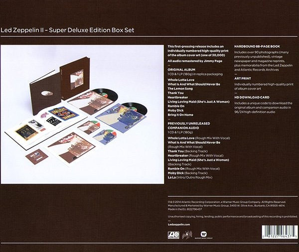 Image of Back Cover of 2xLP - NEW/NEW - LED ZEPPELIN, Led Zeppelin II (Atlantic; 8122796437, Europe 2014 Reissue, Box Set, Gatefold, Hardbound 88-page book, Numbered, Super Deluxe Edition, 180g Vinyl, Remastered, + 2xCD), ,  - 4755009S