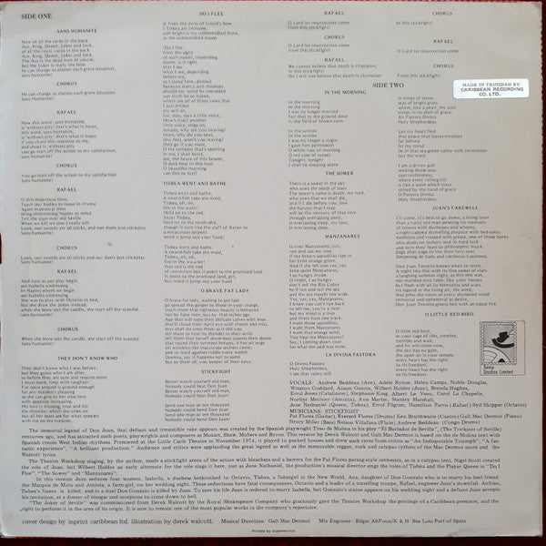 Image of Back Cover of 4625246E: LP - DEREK WALCOTT AND GALT MACDERMOT, The Joker Of Seville (Trinidad Theatre Workshop Original Cast Album) (Semp Production; CI 2575, Trinidad & Tobago 1974) Hairlines. Large sticker damage on front of sleeve, edge wear, stamp on back of sleeve.  G+/VG